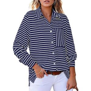imageAstylish Womens Casual Blouses Button Down Business Work Tops Long Sleeve V Neck Striped Shirts 2025 Fall OutfitsZ Black White