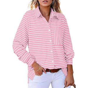 imageAstylish Womens Casual Blouses Button Down Business Work Tops Long Sleeve V Neck Striped Shirts 2025 Fall OutfitsZ Pink