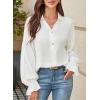 imageAstylish Womens Casual Blouses Business Linen Tops Cute Puff Sleeve V Neck ButtonDown Henley Shirts 2025 Fall OutfitsWhite