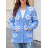 imageAstylish Womens Open Front Long Sleeve Cardigan Sweaters Bow Pattern Outwear Coat with PocketsLight Blue