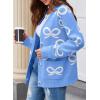 imageAstylish Womens Open Front Long Sleeve Cardigan Sweaters Bow Pattern Outwear Coat with PocketsLight Blue
