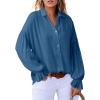 imageAstylish Womens Casual Blouses Business Linen Tops Cute Puff Sleeve V Neck ButtonDown Henley Shirts 2025 Fall OutfitsDirty Blue