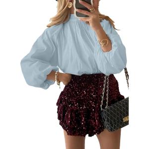 imageAstylish Ladies Sophisticated Top Relaxed High Collar Plain Shirt for AutumnBeau Blue