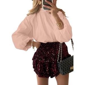 imageAstylish Ladies Sophisticated Top Relaxed High Collar Plain Shirt for AutumnLight Pink