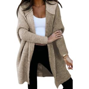 imageAstylish Women 2025 Fall Outfits Open Front Long Sleeve Hooded Knit Cardigan Sweaters Color Block Outwear CoatsDeep Khaki