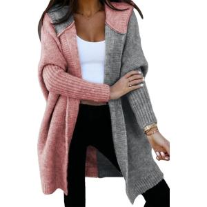 imageAstylish Women 2025 Fall Outfits Open Front Long Sleeve Hooded Knit Cardigan Sweaters Color Block Outwear CoatsPink