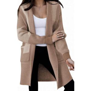 imageAstylish Women 2025 Open Front Long Sleeve Cardigan Casual Knit Sweaters Color Block Fall Outfits with PocketsDeep Khaki