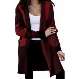 imageAstylish Women 2025 Open Front Long Sleeve Cardigan Casual Knit Sweaters Color Block Fall Outfits with PocketsDeep Red