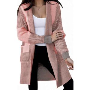 imageAstylish Women 2025 Open Front Long Sleeve Cardigan Casual Knit Sweaters Color Block Fall Outfits with PocketsLight Pink
