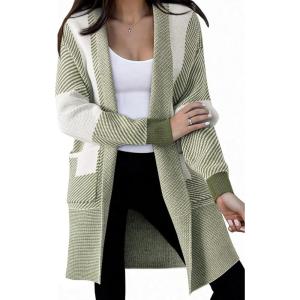 imageAstylish Women 2025 Open Front Long Sleeve Cardigan Casual Knit Sweaters Color Block Fall Outfits with PocketsMist Green