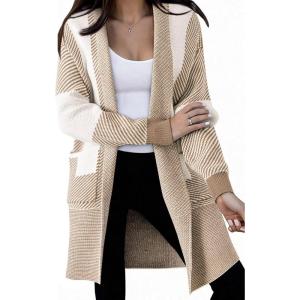 imageAstylish Women 2025 Open Front Long Sleeve Cardigan Casual Knit Sweaters Color Block Fall Outfits with PocketsPale Khaki