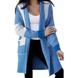 imageAstylish Women 2025 Open Front Long Sleeve Cardigan Casual Knit Sweaters Color Block Fall Outfits with PocketsSky Blue
