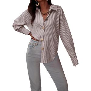 imageAstylish Women Striped Button Down Tops Cute Shirts V Neck Casual Blouse Long Sleeve Top 2025 Fall Outfit Pink SmallChestnut