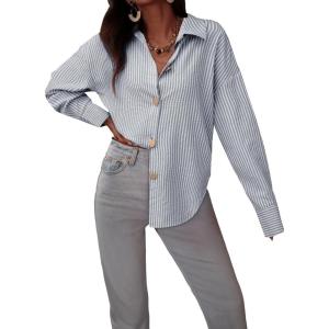 imageAstylish Women Striped Button Down Tops Cute Shirts V Neck Casual Blouse Long Sleeve Top 2025 Fall Outfit Pink SmallLight Grey