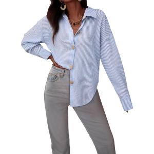 imageAstylish Women Striped Button Down Tops Cute Shirts V Neck Casual Blouse Long Sleeve Top 2025 Fall Outfit Pink SmallMist Blue