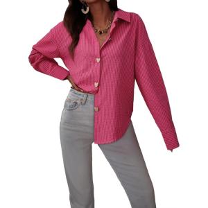 imageAstylish Women Striped Button Down Tops Cute Shirts V Neck Casual Blouse Long Sleeve Top 2025 Fall Outfit Pink SmallPink