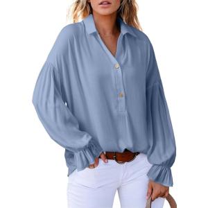 imageAstylish Womens Casual Blouses Business Linen Tops Cute Puff Sleeve V Neck ButtonDown Henley Shirts 2025 Fall OutfitsBeau Blue