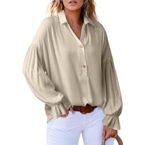 imageAstylish Womens Casual Blouses Business Linen Tops Cute Puff Sleeve V Neck ButtonDown Henley Shirts 2025 Fall OutfitsBeige
