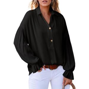 imageAstylish Womens Casual Blouses Business Linen Tops Cute Puff Sleeve V Neck ButtonDown Henley Shirts 2025 Fall OutfitsBlack