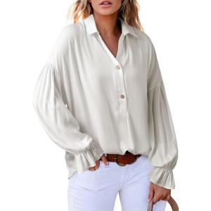 imageAstylish Womens Casual Blouses Business Linen Tops Cute Puff Sleeve V Neck ButtonDown Henley Shirts 2025 Fall OutfitsWhite
