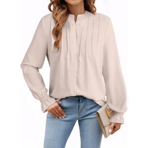 imageAstylish Womens Casual Blouses ButtonDown Business Work Tops Long Sleeve Mandarin Neck Pleated Shirts 2025 Fall OutfitsApricot
