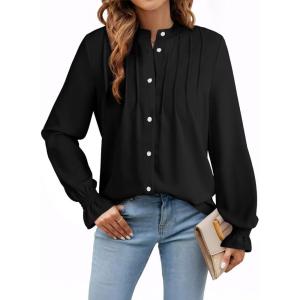 imageAstylish Womens Casual Blouses ButtonDown Business Work Tops Long Sleeve Mandarin Neck Pleated Shirts 2025 Fall OutfitsBlack