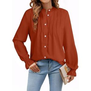 imageAstylish Womens Casual Blouses ButtonDown Business Work Tops Long Sleeve Mandarin Neck Pleated Shirts 2025 Fall OutfitsCinnamon