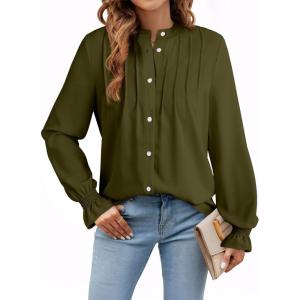 imageAstylish Womens Casual Blouses ButtonDown Business Work Tops Long Sleeve Mandarin Neck Pleated Shirts 2025 Fall OutfitsGreen