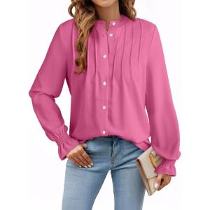 imageAstylish Womens Casual Blouses ButtonDown Business Work Tops Long Sleeve Mandarin Neck Pleated Shirts 2025 Fall OutfitsPink