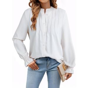 imageAstylish Womens Casual Blouses ButtonDown Business Work Tops Long Sleeve Mandarin Neck Pleated Shirts 2025 Fall OutfitsWhite