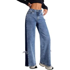 imageAstylish Womens Cotton HighWaisted WideLeg Jeans with TieSide Detail Fashion Fall Western Casual PantsAshleigh Blue