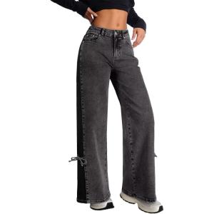 imageAstylish Womens Cotton HighWaisted WideLeg Jeans with TieSide Detail Fashion Fall Western Casual PantsDark Grey