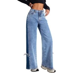 imageAstylish Womens Cotton HighWaisted WideLeg Jeans with TieSide Detail Fashion Fall Western Casual PantsDusk Blue