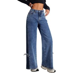 imageAstylish Womens Cotton HighWaisted WideLeg Jeans with TieSide Detail Fashion Fall Western Casual PantsStone Blue