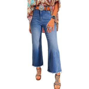 imageAstylish Womens High Waisted Jeans Stretchy Flared Straight Leg Loose Trendy Raw Hem Denim PantsMyosotis