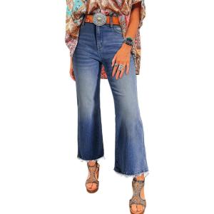 imageAstylish Womens High Waisted Jeans Stretchy Flared Straight Leg Loose Trendy Raw Hem Denim PantsSail Blue