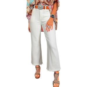 imageAstylish Womens High Waisted Jeans Stretchy Flared Straight Leg Loose Trendy Raw Hem Denim PantsWhite