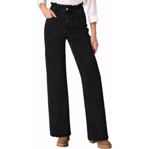 imageAstylish Womens High Waisted Loose Fit Ripped Denim Jeans Casual Wide Leg PantsBlack