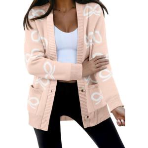 imageAstylish Womens Open Front Long Sleeve Cardigan Sweaters Bow Pattern Outwear Coat with PocketsParchment
