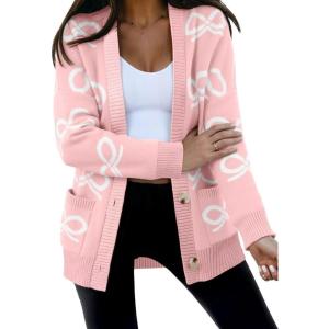 imageAstylish Womens Open Front Long Sleeve Cardigan Sweaters Bow Pattern Outwear Coat with PocketsPink