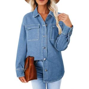 imageAstylish Womens Oversized Denim ButtonDown Shirt Long Sleeve Dressy Casual Business Work Fashion Fall OutfitBeau Blue