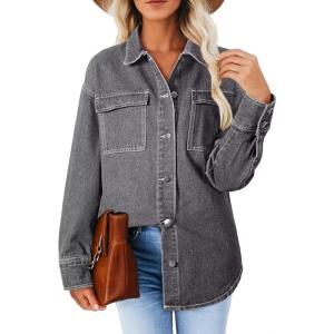 imageAstylish Womens Oversized Denim ButtonDown Shirt Long Sleeve Dressy Casual Business Work Fashion Fall OutfitLight Grey