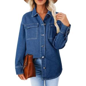 imageAstylish Womens Oversized Denim ButtonDown Shirt Long Sleeve Dressy Casual Business Work Fashion Fall OutfitNavy Blue