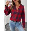 imageAstylish Womens V Neck Plaid Shirts Dressy Casual Blouses ButtonDown Business Work Boho Tops Long Sleeve 2025 Fall OutfitsRed