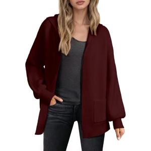 imageAstylish Womens Oversized Cardigan Sweater Open Front Hoodie Long Sleeve Fall Outfits 2025 Casual Outerwear with PocketsBurgundy