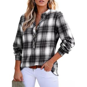 imageAstylish Womens V Neck Plaid Shirts Dressy Casual Blouses ButtonDown Business Work Boho Tops Long Sleeve 2025 Fall OutfitsBlack