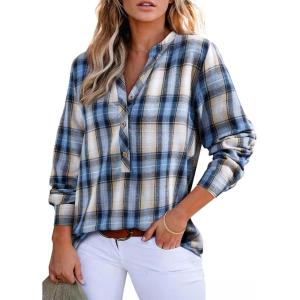 imageAstylish Womens V Neck Plaid Shirts Dressy Casual Blouses ButtonDown Business Work Boho Tops Long Sleeve 2025 Fall OutfitsBlue