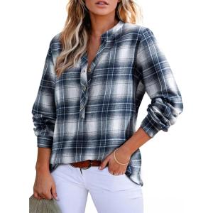 imageAstylish Womens V Neck Plaid Shirts Dressy Casual Blouses ButtonDown Business Work Boho Tops Long Sleeve 2025 Fall OutfitsNavy Blue