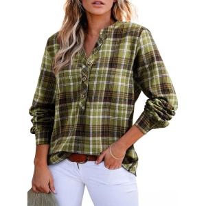 imageAstylish Womens V Neck Plaid Shirts Dressy Casual Blouses ButtonDown Business Work Boho Tops Long Sleeve 2025 Fall OutfitsPear Green