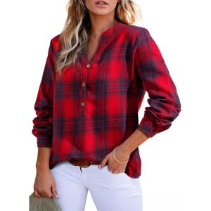 imageAstylish Womens V Neck Plaid Shirts Dressy Casual Blouses ButtonDown Business Work Boho Tops Long Sleeve 2025 Fall OutfitsRed